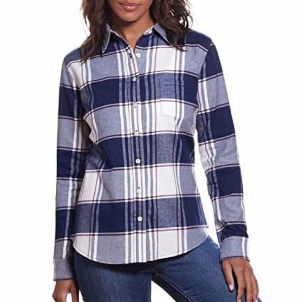 Weatherproof Vintage Womens Flannel Shirt Comfort Stretch Medium White Blue